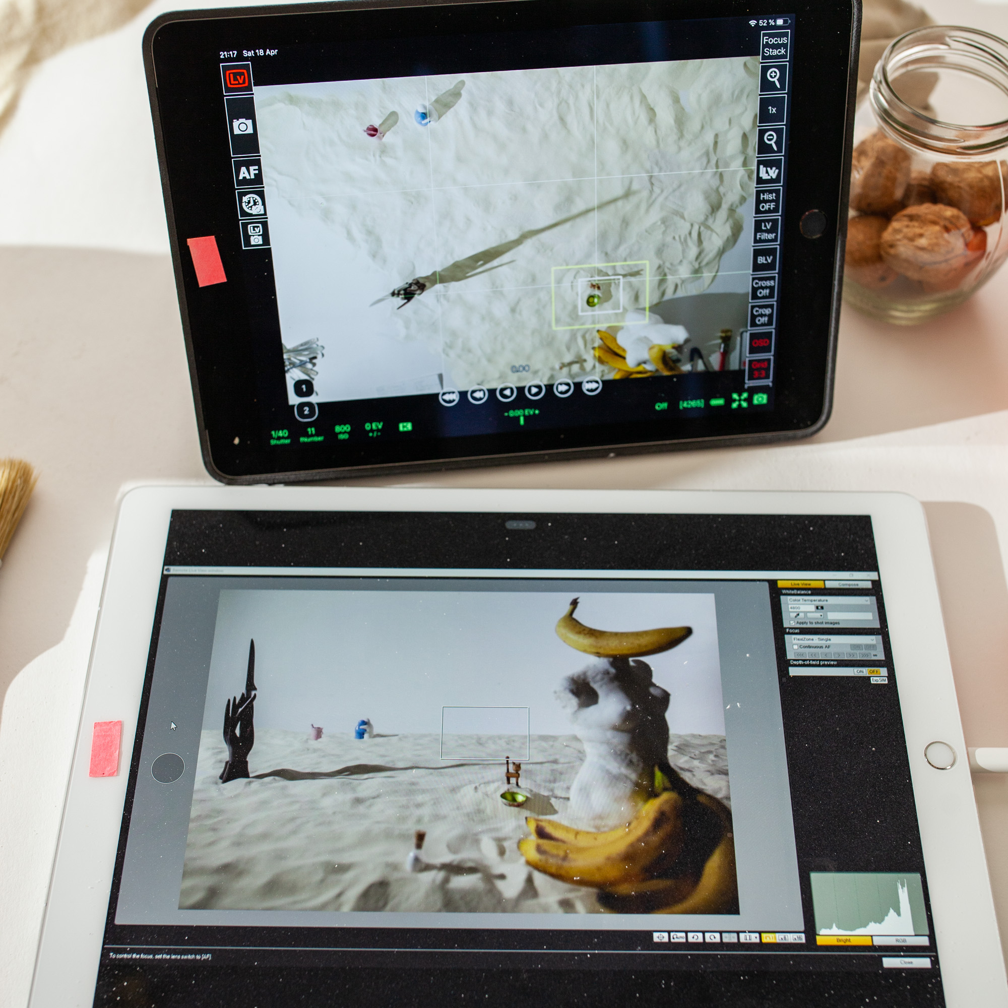 Behind the scenes of foodlydoodlydoo's vegan banana bread recipe. The photo shows two tablets connected to the cameras.