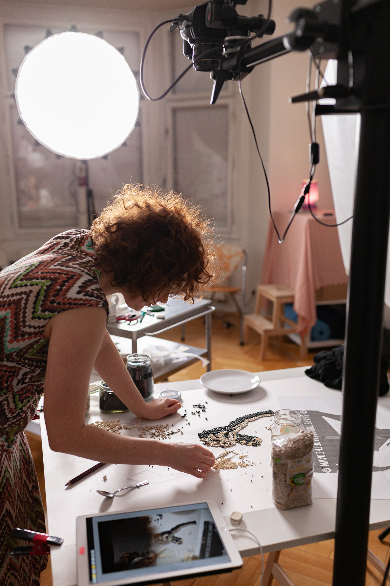 Behind the scenes photo of the vegan propaganda production. A photo studio is shown with a food stylist laying out several seeds, peas and legumes to form the stilyzed image of a man. 